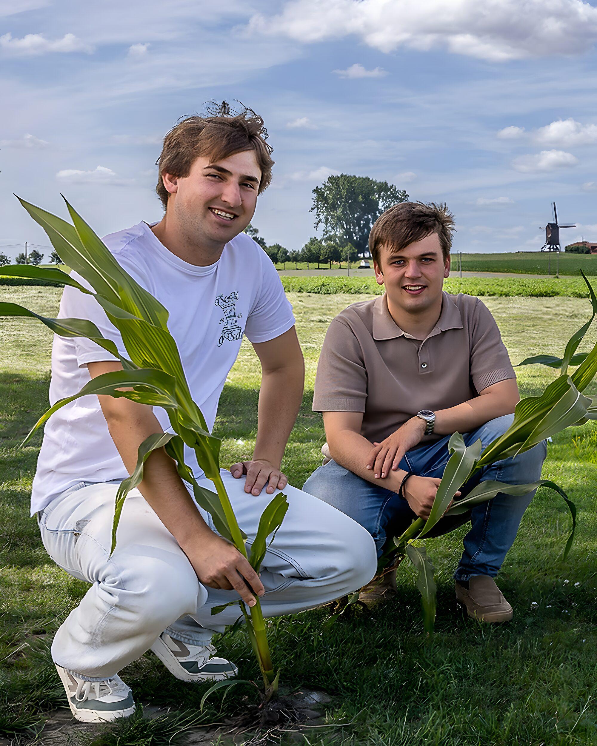 Robin Bossuyt en Jeff De Weerdt in het veld aan de Poelberg
