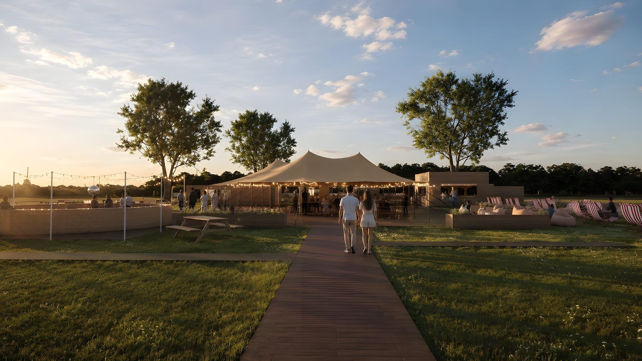 De Poelbar-tent bij zonsondergang